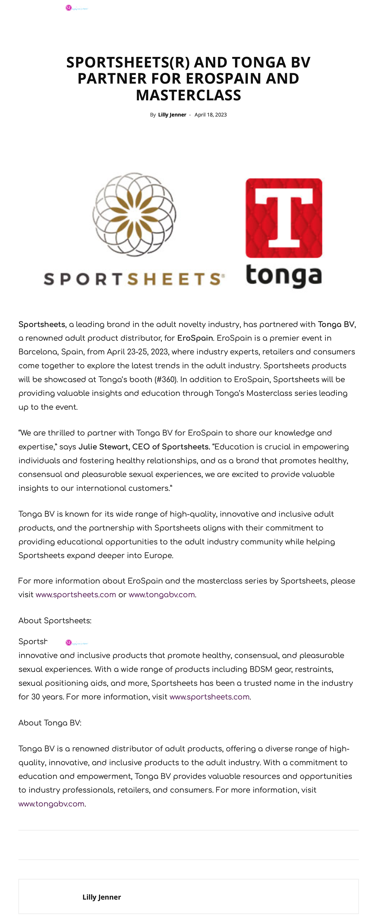 2023-04 Storerotica - Sportsheets(R) and Tonga BV Partner for EroSpain and Masterclass